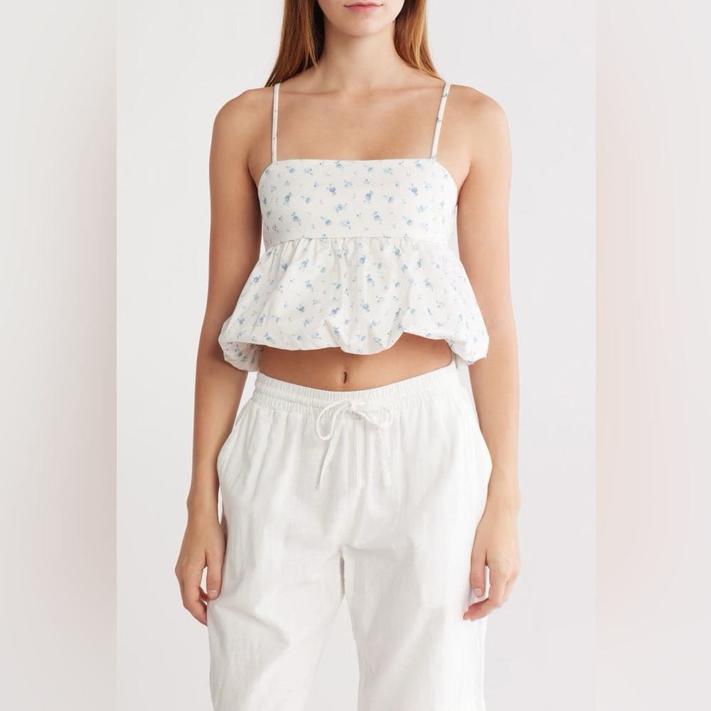 ABOUND Bubble Peplum Crop Top In White-Blue Rosebuds Size M NWOT